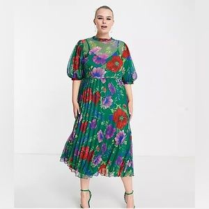 ASOS DESIGN Curve high neck pleated chevron textured midi dress